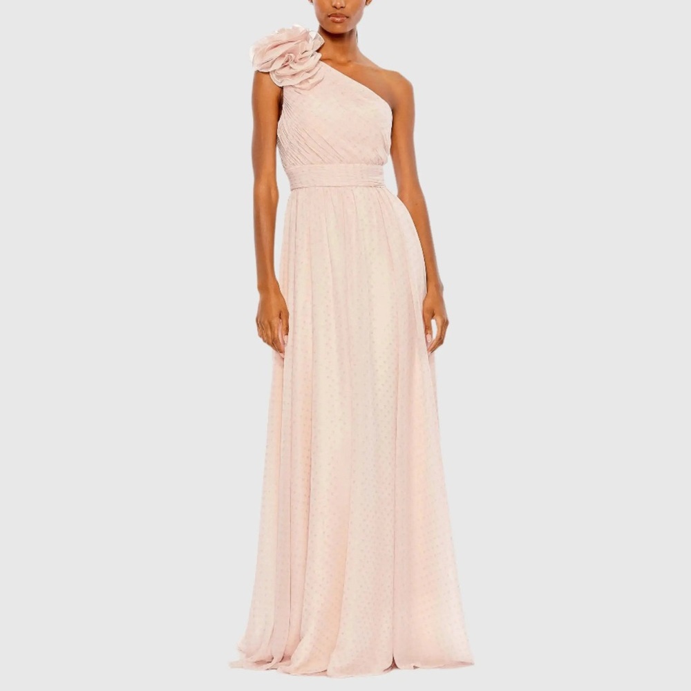 Mac Duggal Blush Pink One-Shoulder Evening Gown with Floral Accent